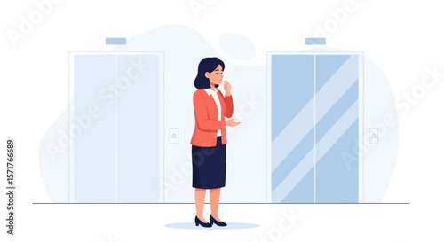 Pensive Woman Waits In Front Of Elevators In Office Building Isolated