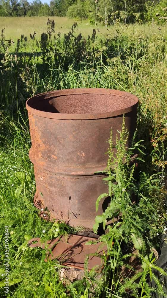 Rusty metal barrel standing in an overgrown outdoor area. Rusty metal barrel standing in an overgrown outdoor area.