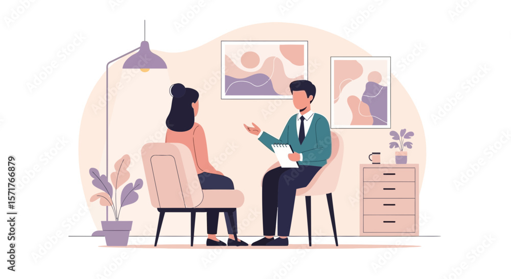 Woman Discussing Issues With Psychologist During Therapy Session Illustration Woman Discussing Issues With Psychologist During Therapy Session Illustration