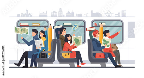 People On The Train With Maps Books Planning Traveling To Different Famous Places