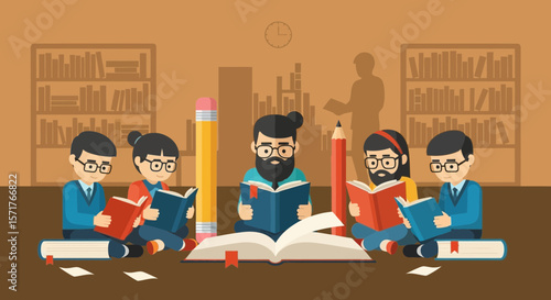 Diverse Students Immersed In Books Together In A Library Study Group Setting
