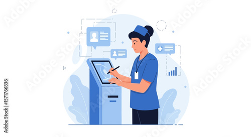 Healthcare Professional Interacting With Digital Kiosk for Patient Information Access