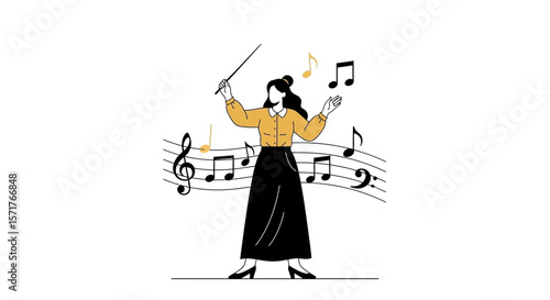 Woman Directing An Orchestra With A Baton Surrounded By Musical Notes Concept
