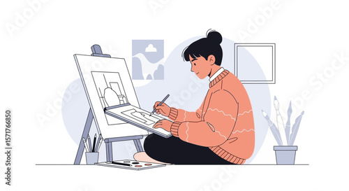 Woman Creating Art In Her Studio Working On Her Painting Process