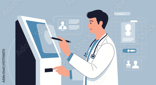 Doctor Accessing Medical Records Via Touchscreen Kiosk In Hospital Setting