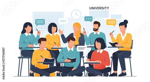 Diverse University Students Attending Lecture And Engaged In Discussion