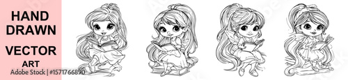 Adorable Girl Reading Book Hand Drawn Vector Fairy Tale Illustration for Children Education Concept Art and Printable Coloring Design