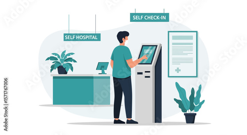 Person Using Self Check In Kiosk at Hospital or Medical Center Lobby