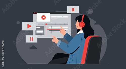 Woman Editing Online Video Content Wearing Headphones In Digital Workspace At Home