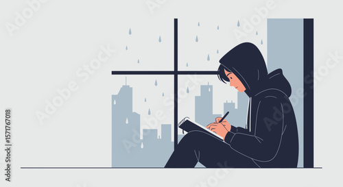 Person With Hoodie Sketches Against Rainy Cityscape View From a Window