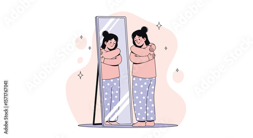 Woman Embracing Herself In Mirror Expressing Self Acceptance And Self Love