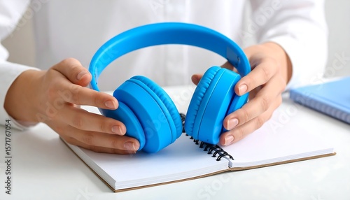 Person holding blue headphones on notepad