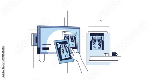 Doctor Analyzing Chest X-Ray Images On Computer Monitor In Examination Room