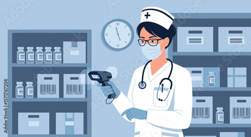 Healthcare Professional Scanning Inventory With Barcode Reader In A Medical Storage Room