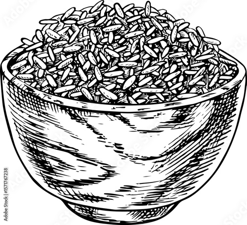 Rice or oats, wheat or rye in a wooden bowl. Black and white graphics, vector illustrations. Design element for menus, recipes, and cookbooks. For banners, flyers, packaging, labels, and more.