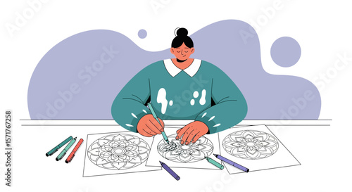 Woman Enjoying Mindful Art Therapy Through Coloring Complex Mandala Designs