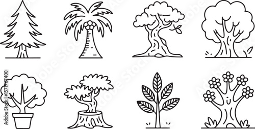 Collection of eight distinct hand drawn black and white line art illustrations of various trees and plants on a white background