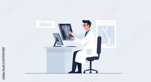 Doctor Analyzing Spinal Xray For Diagnosis In Hospital Clinic Examination Room
