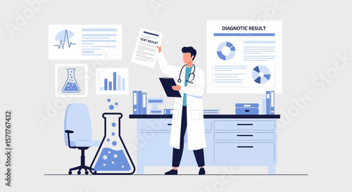 Doctor Analyzing Test Result In Modern Medical Office With Laboratory Equipment