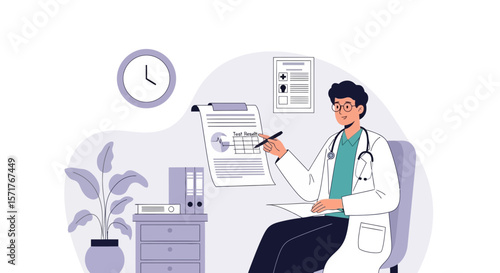 Doctor Analyzing Test Results In Office Setting For Medical Illustration Concept