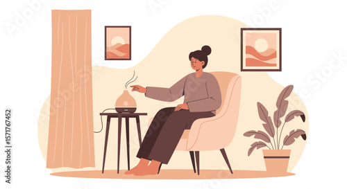 Woman Enjoys Aromatherapy At Home Promoting Calmness And Wellbeing Concept