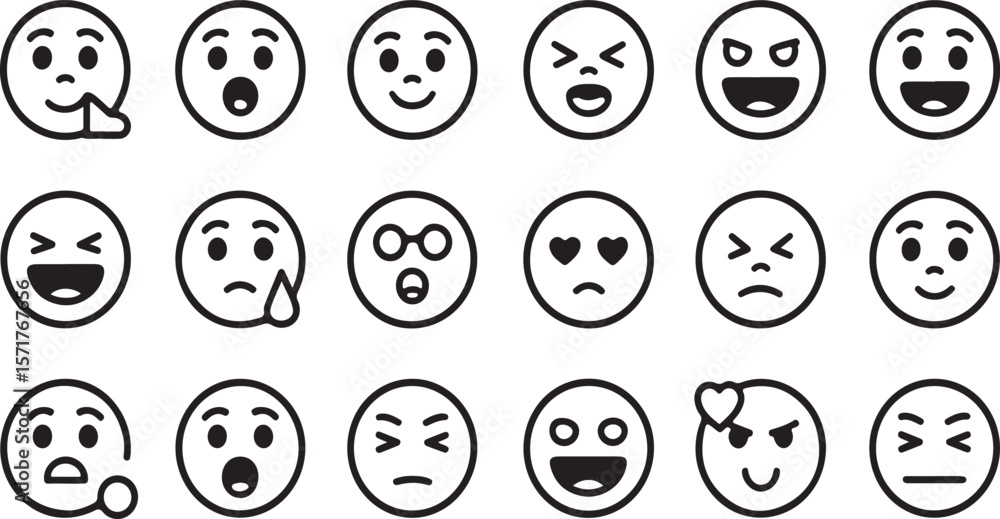 A collection of simple black and white line art emoji icons representing various emotions and expressions on a clean white background A collection of simple black and white line art emoji icons representing various emotions and expressions on a clean white background