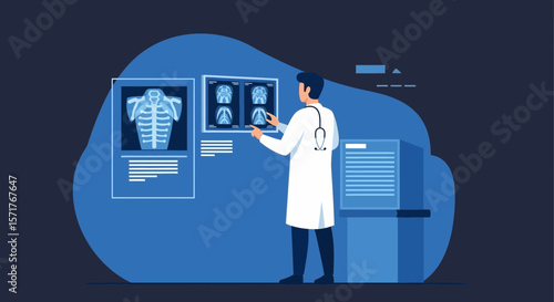 Doctor Analyzing X-Rays Illustration In Modern Clinic For Medical Services