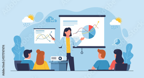 Woman Giving Presentation On Data Analysis To Colleagues In Modern Office