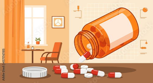 Pills Spill From Container On Table In Cozy Room Scene Illustration