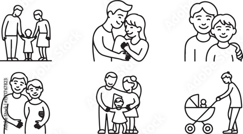 Collection of simple line art icons depicting diverse family units and parental care activities in minimalist style