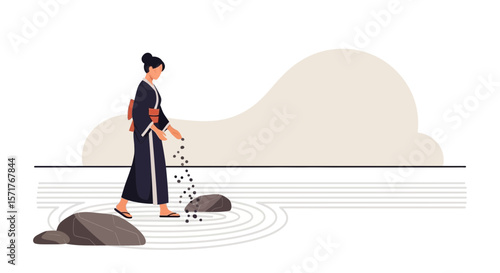 Woman In Kimono Maintaining A Tranquil Zen Garden With Pebbles Serenity