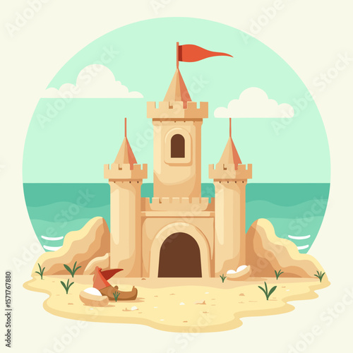 Colorful sandcastle with flags on beach near ocean under sunny sky
