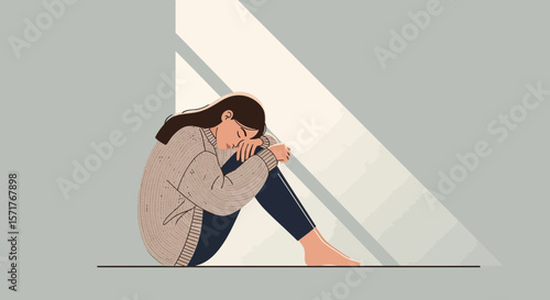 Woman In Despair Sitting On The Floor Feeling Sad And Depressed Alone