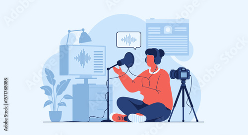 Podcasting Setup Flat Vector Illustration Home Sound Recording For Content Creators