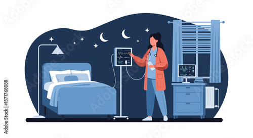 Doctor Checking Patient Vital Signs With Monitor At Night In Hospital Room