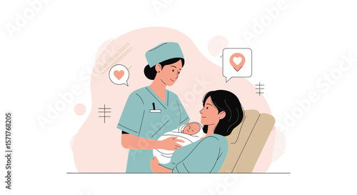 Postpartum Healthcare Illustration Nurse Caring Newborn Baby Mother Support Concept