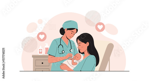Postpartum Care New Mother Holding Newborn Baby with Nurse Offering Support