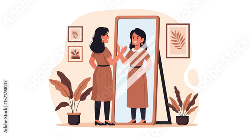 Woman Looking At Her Reflection In A Mirror With A Smiling Face Expression