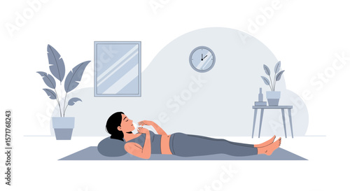 Woman Lying Down on Mat Relaxing at Home Resting Calmly