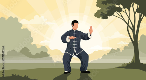 Practicing Tai Chi Silhouette Against Peaceful Dawn Landscape Scenery