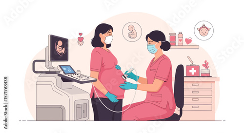 Prenatal Checkup During Pandemic Doctor Doing Ultrasound Examination for Pregnant Woman
