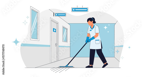 Hospital Maintenance Worker Mopping Floor Maintaining Hygiene and Sanitization Standards