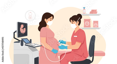 Prenatal Healthcare Examination During Pandemic With Doctor Using Ultrasound Equipment