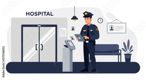 Hospital Security Guard Using Laptop For Identification System Management
