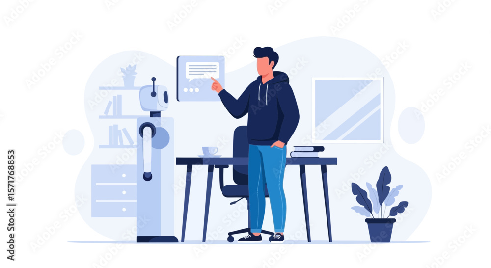 Human Machine Interaction In Office Setting Showing Communication And Modern Technology Human Machine Interaction In Office Setting Showing Communication And Modern Technology