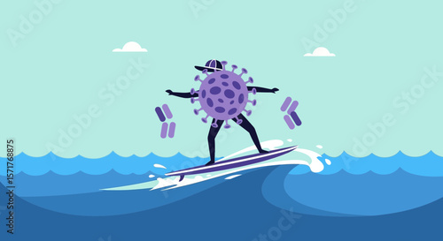 Humorous Covid Character Surfboard Ride On A Ocean Wave Graphic Art