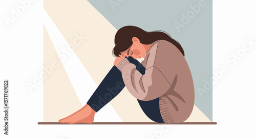 Illustration Of A Depressed Woman Hugging Knees Against A Light Window