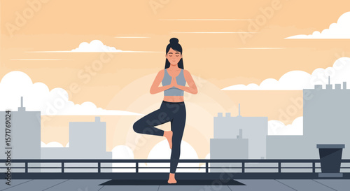 Woman Practicing Yoga On A Rooftop Against An Urban Skyline At Sunrise