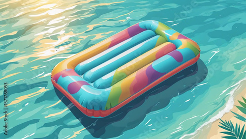 Sommerurlaub Illustration – Luftmatratze auf türkisblauem Meer aus der Vogelperspektive