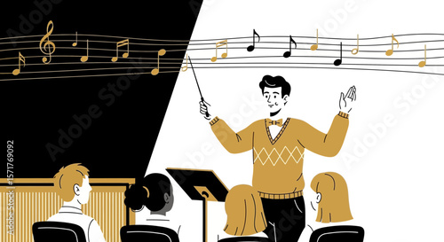 Illustration Of A Music Conductor Leading An Orchestra In Performance